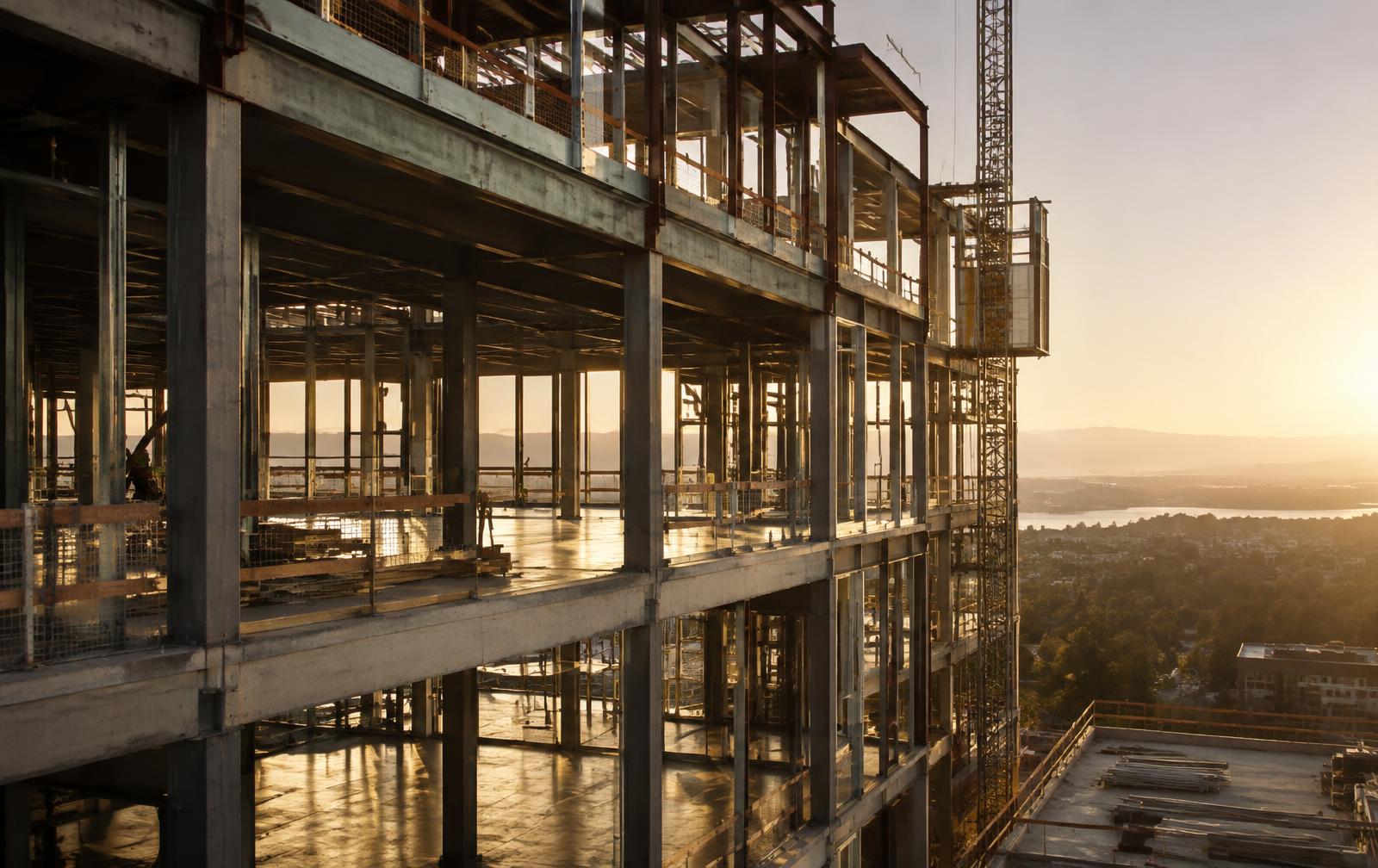Steel and concrete structure of a building under construction at sunset